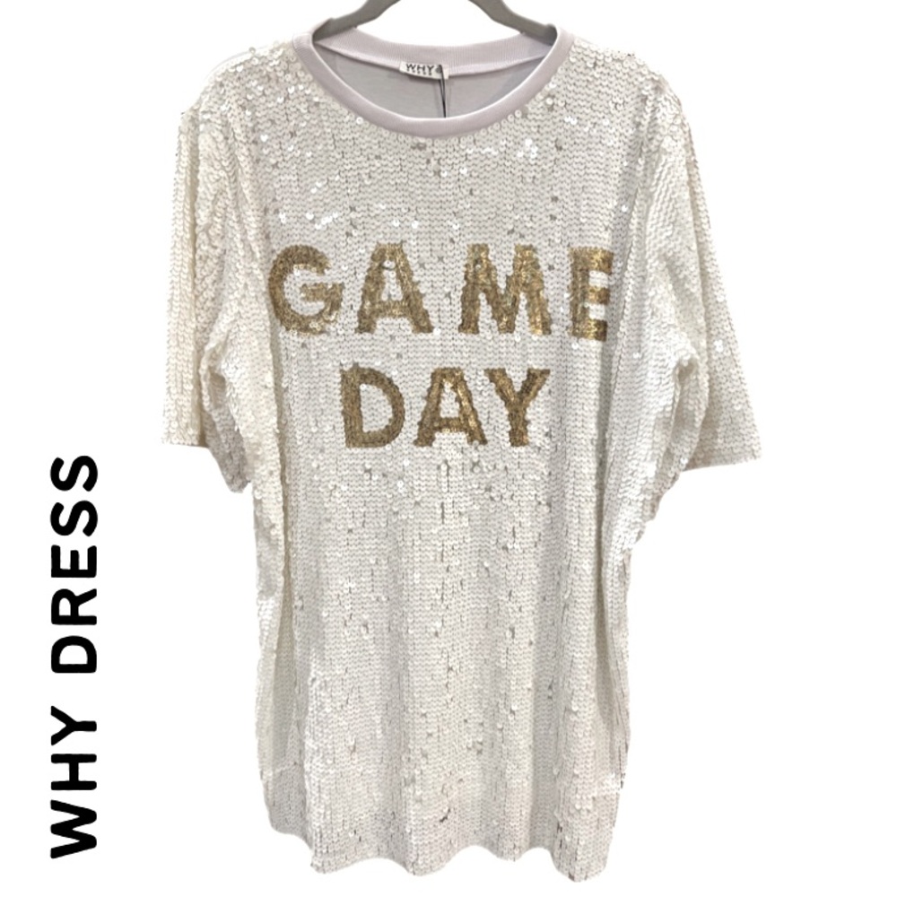 WHY Dress White Sequin 'GAME DAY' Mini Dress with Gold Lettering